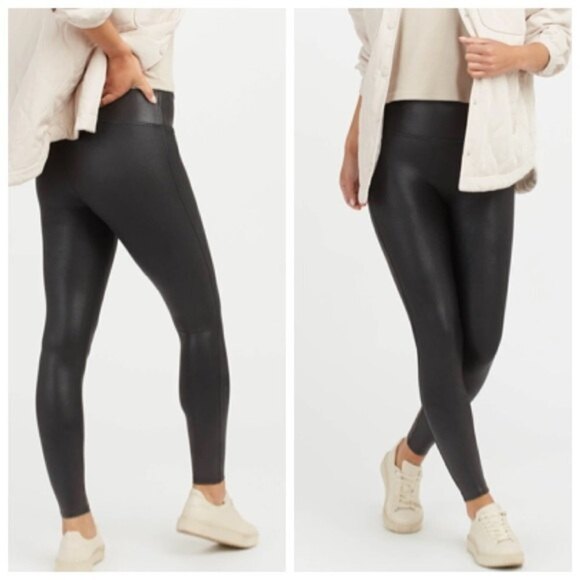 Spanx Faux Leather Leggings Women’s Size Small Black Power Waistband Style 2437 - Picture 1 of 13